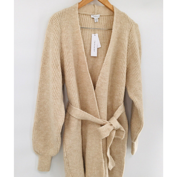 Topshop Cardigan Sweater Beige Belted Long Sleeve Cable Knit Long NEW - Picture 3 of 10